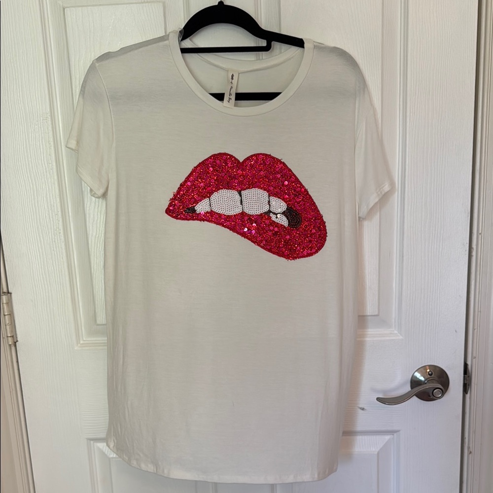 White T-Shirt with Pink Sequin Lips